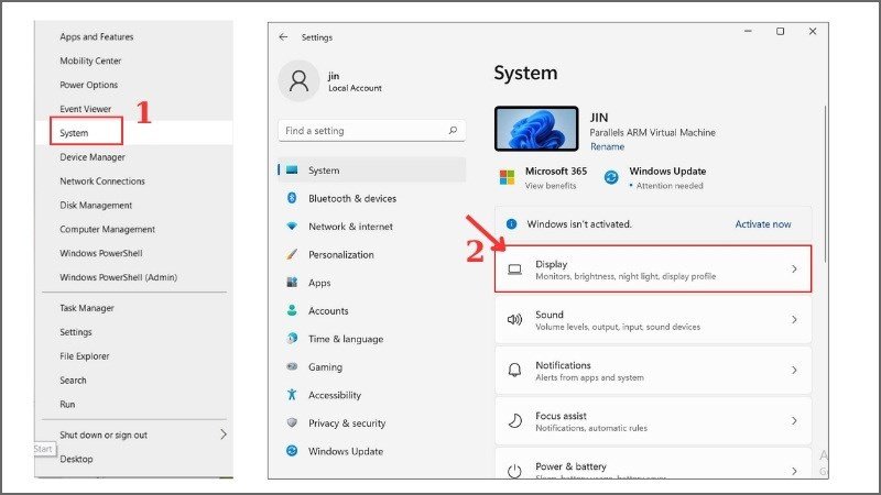 Chọn Display settings để điều chỉnh màn hình phụ laptop
