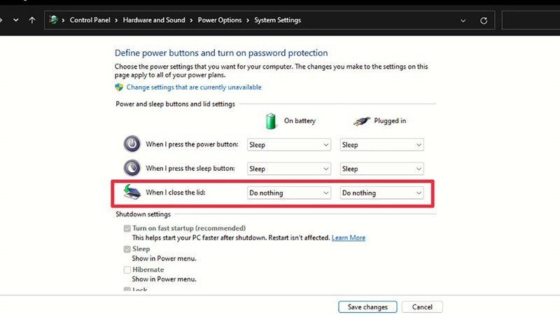Chọn 'Do nothing' khi gập nắp laptop để tiếp tục sử dụng màn hình ngoài trên Windows 11