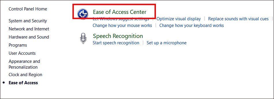 Chọn Ease of Access Center để điều hướng đến bàn phím ảo