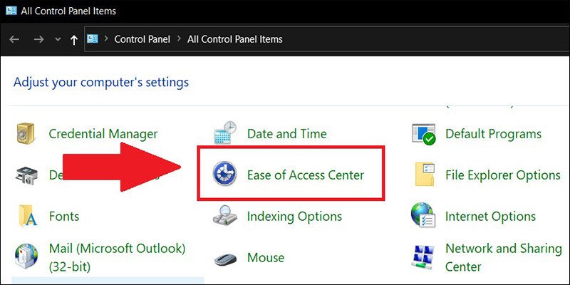 Chọn Ease of Access Center để khắc phục vấn đề nút mở khoá bàn phím laptop