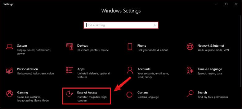 Chọn Ease of Access để điều chỉnh lỗi bàn phím laptop