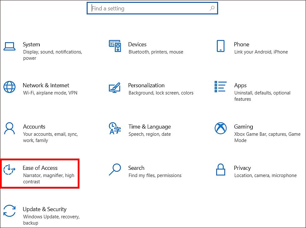 Chọn Ease of Access trong Settings để tìm tùy chọn bật bàn phím ảo