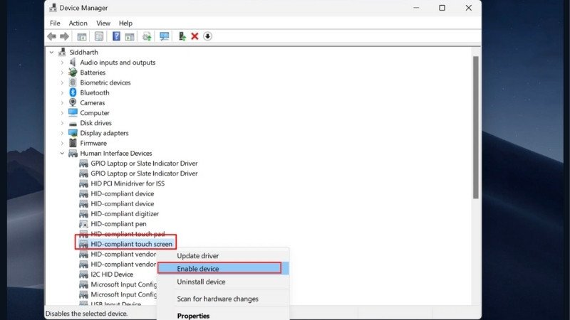 Chọn Enable để bật lại chức năng cảm ứng trên Dell Win 10