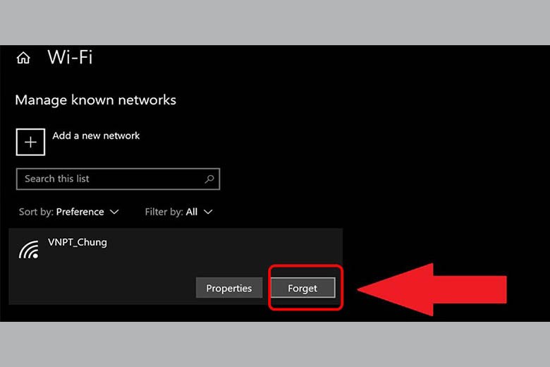 Chọn Forget để quên kết nối Wifi đã lưu trên laptop Asus
