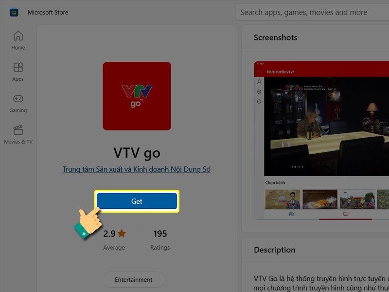 Chọn "Get" để bắt đầu tải ứng dụng VTV Go về laptop