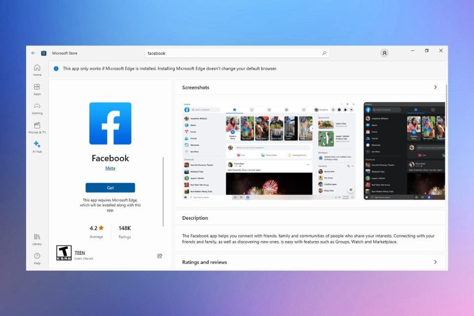 Chọn Get để tải ứng dụng Facebook