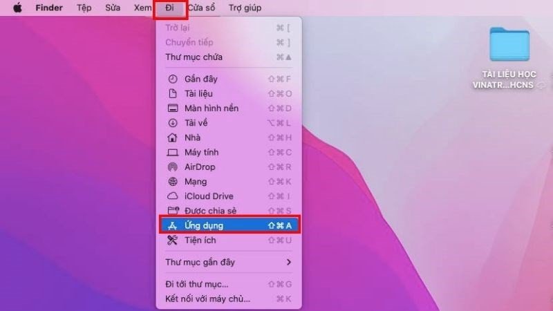 Chọn Go và Applications trên MacBook để xem danh sách ứng dụng