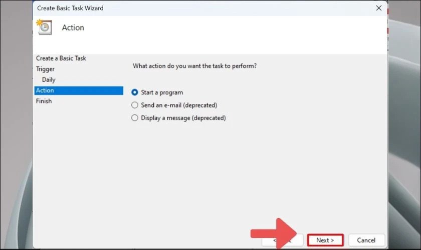 Chọn hành động Start a program để hẹn giờ tắt laptop Win 10