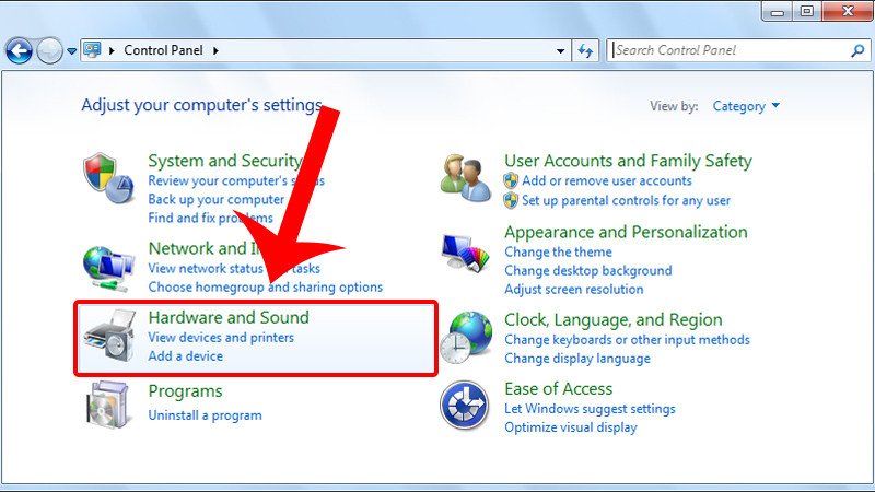 Chọn Hardware and Sound để quản lý thiết bị