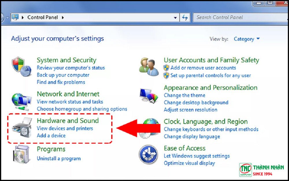 Chọn Hardware and Sound, sau đó chọn Mouse