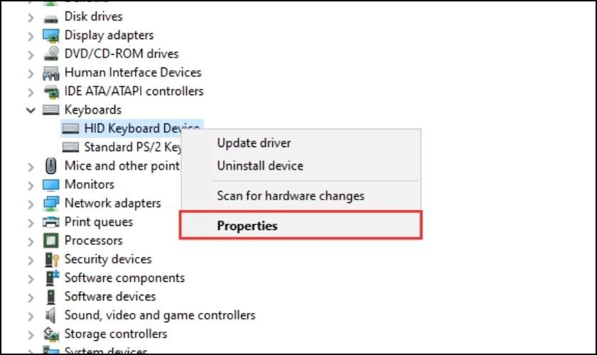 Chọn HID Keyboard Device để xóa driver