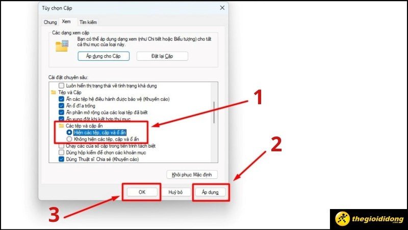 Chọn hiển thị các tệp, cặp và ổ ẩn trong cài đặt View của Windows để tìm ZaloPC
