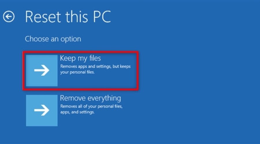 Chọn Keep my files để giữ lại toàn bộ dữ liệu khi cài lại Win 10