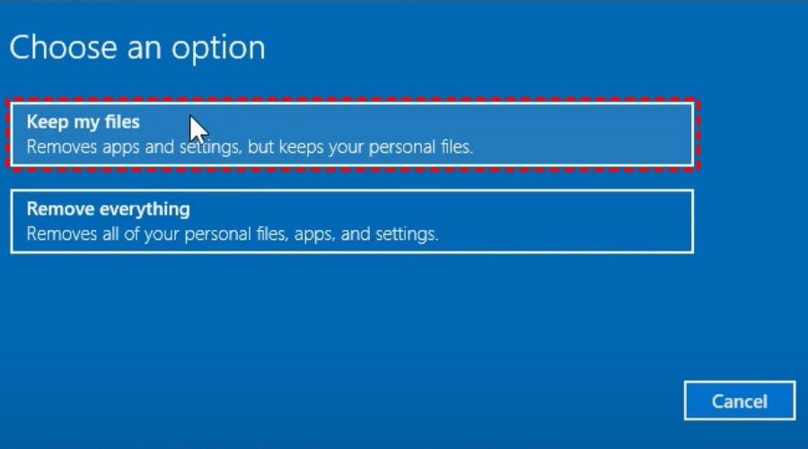 Chọn Keep my files nếu không muốn mất dữ liệu
