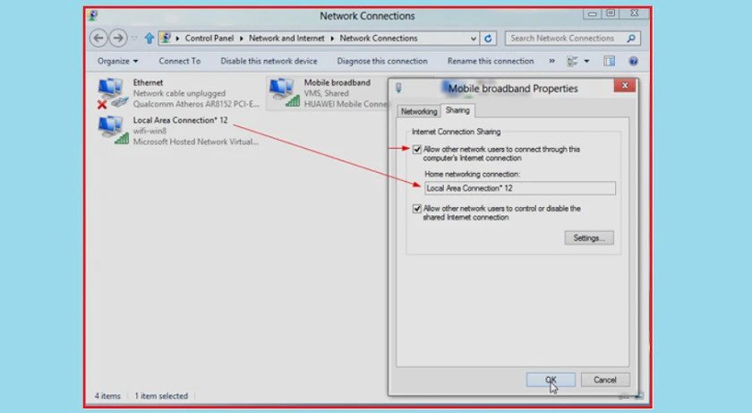 Chọn kết nối mạng để chia sẻ internet khi phát Wifi Win 7