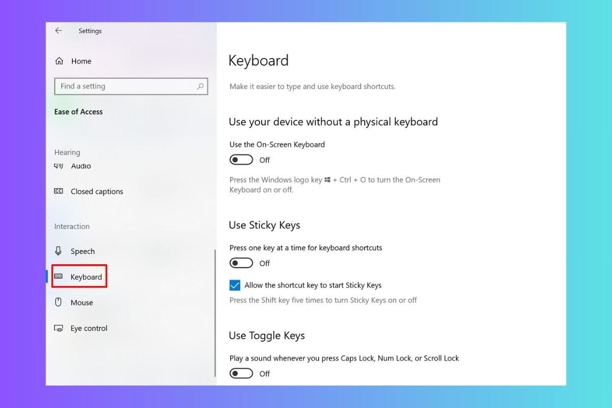 Chọn Keyboard trong Ease of Access để tùy chỉnh bàn phím