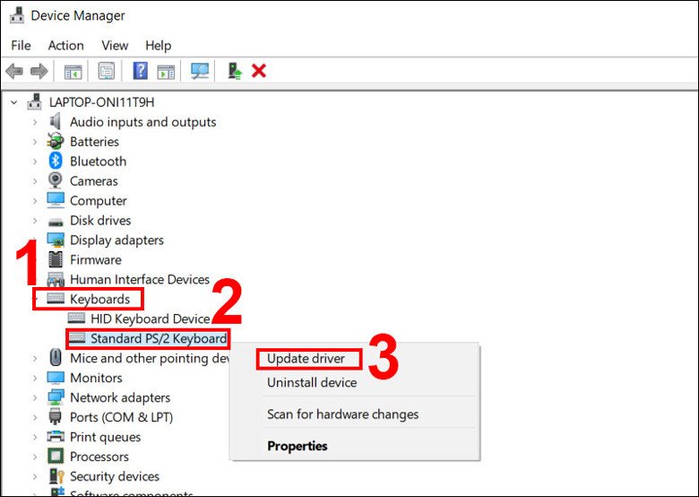 Chọn Keyboards trong Device Manager khi laptop ko nhận bàn phím
