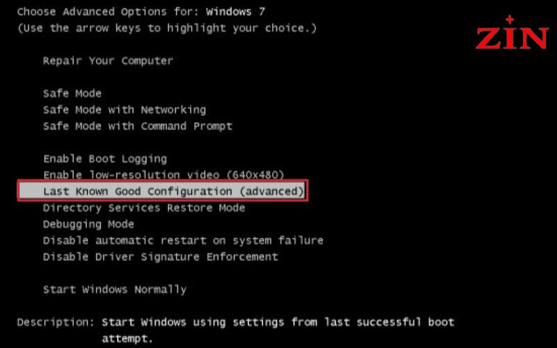 Chọn Last Known Good Configuration trong Advanced Boot Options để khắc phục lỗi laptop bị treo Restarting
