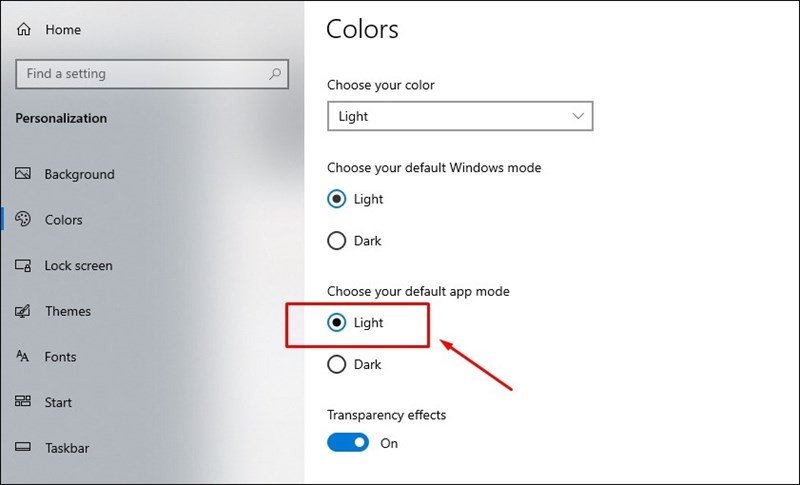 Chọn Light để tắt chế độ Dark Mode trong cài đặt màu sắc của Windows 10