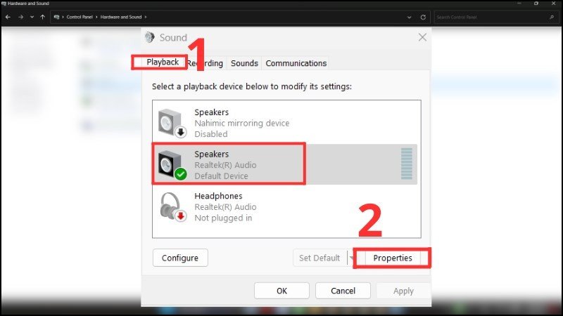 Chọn loa bạn muốn sử dụng trong tab Playback và nhấn Properties