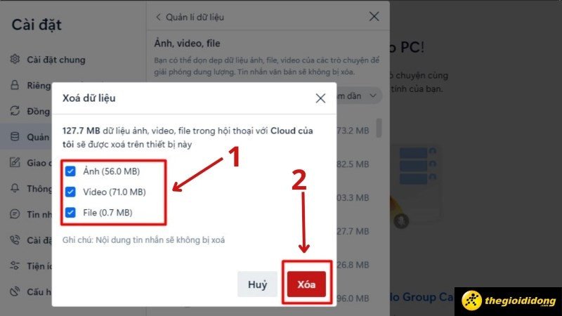 Chọn lọc các tệp, ảnh, video cụ thể để xóa dữ liệu Zalo trên laptop