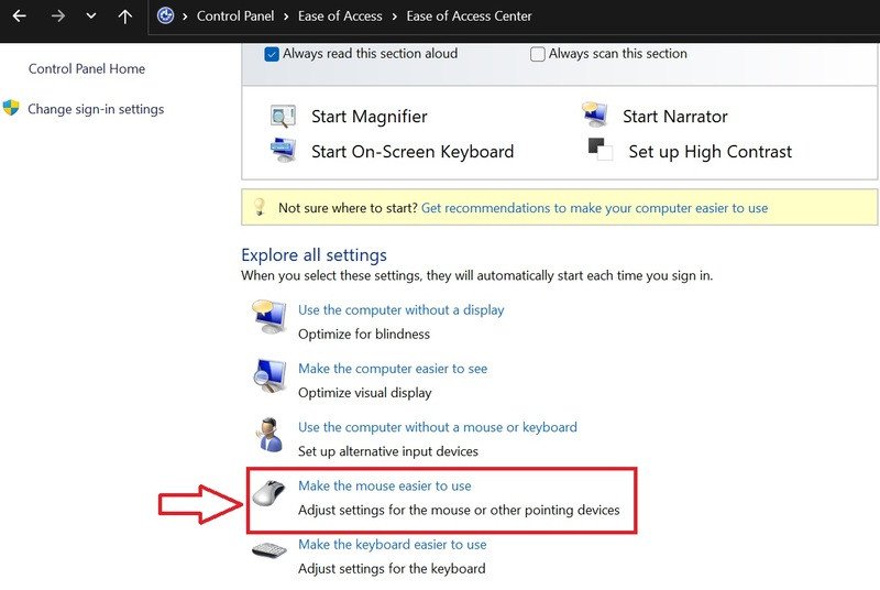 Chọn Make the mouse easier to use trong Ease of Access Center