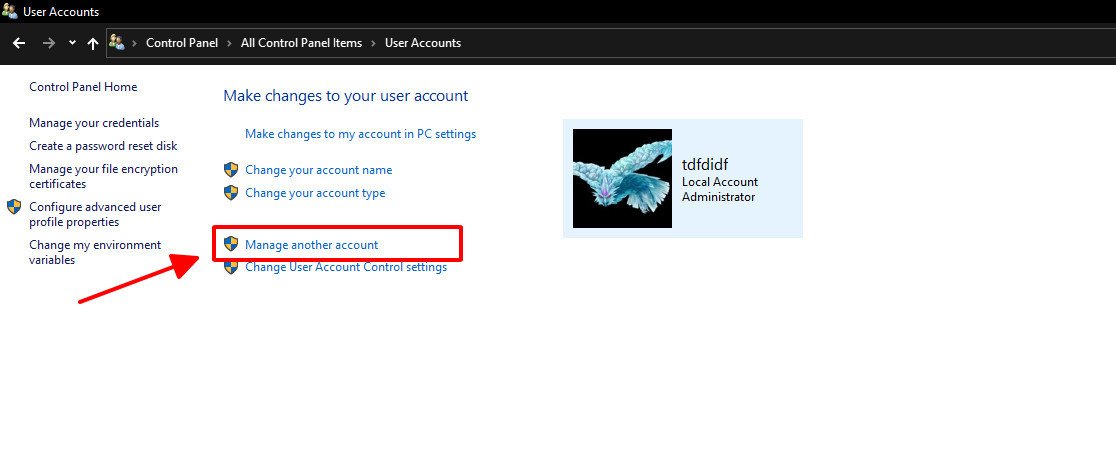Chọn Manage another account trong Control Panel