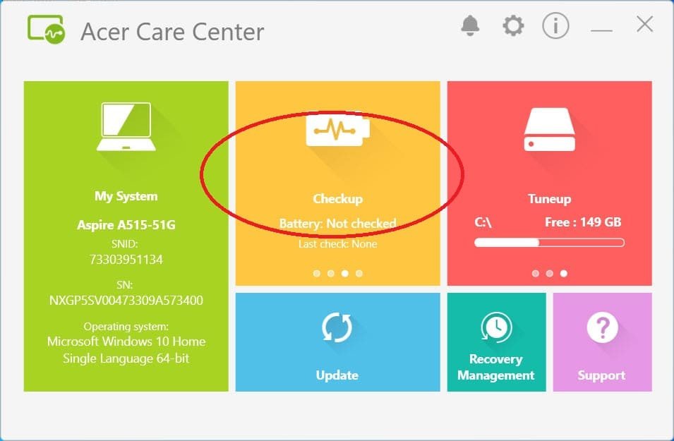 Chọn mục Battery Charge Limit trong Acer Care Center để giới hạn pin laptop Acer