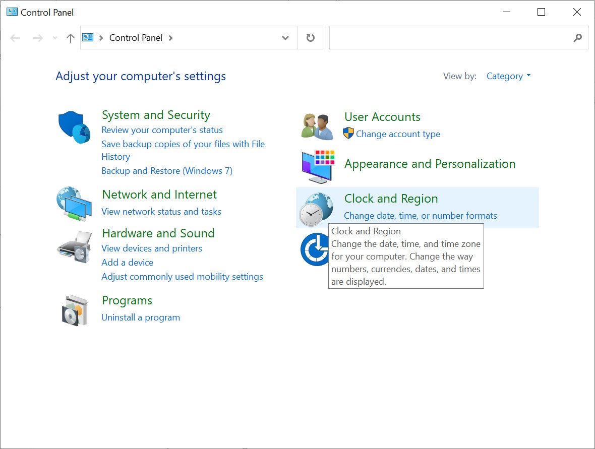 Chọn mục Clock and Region trong Control Panel để thay đổi cài đặt thời gian HP.