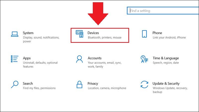 Chọn mục Devices trong cài đặt Windows 10