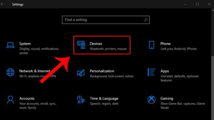 Chọn mục Devices trong Windows Settings để truy cập Touchpad