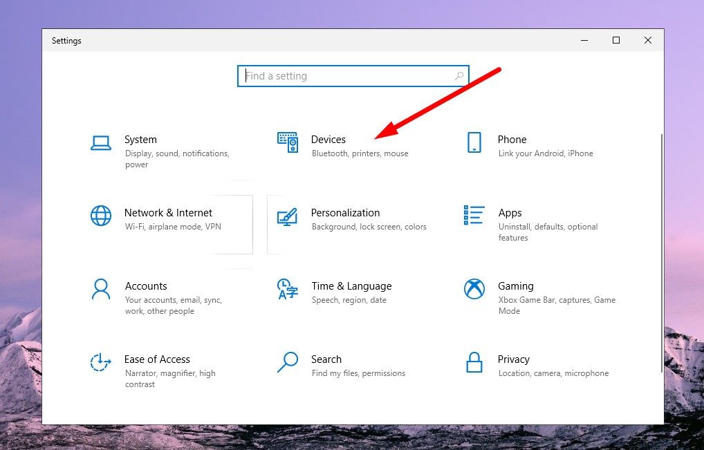 Chọn mục Devices trong Windows Settings