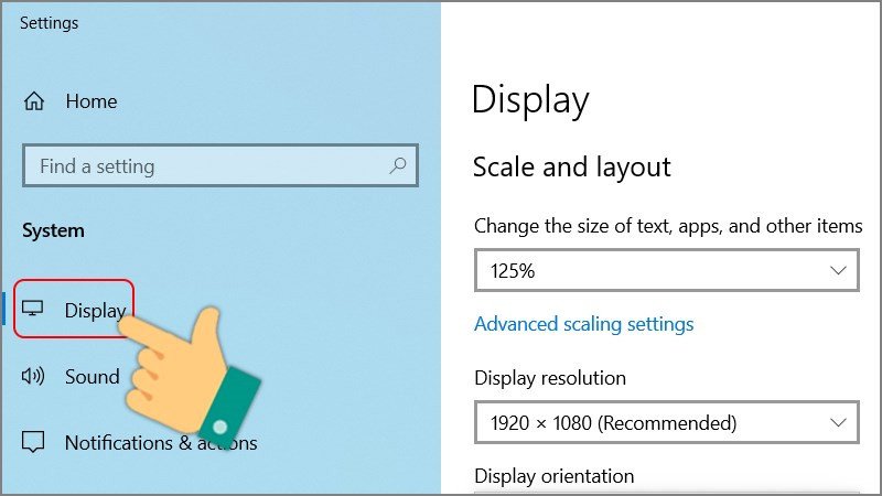 Chọn mục Display trong cài đặt màn hình Win 10