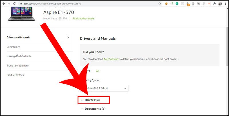 Chọn mục Driver trên website để tải driver bluetooth