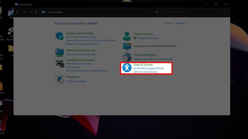 Chọn mục Ease of Access để điều khiển máy tính không cần chuột