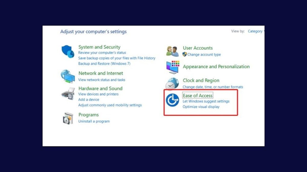 Chọn mục "Ease of Access" trong Control Panel, bước tiếp theo để bật Mouse Keys trên Windows.