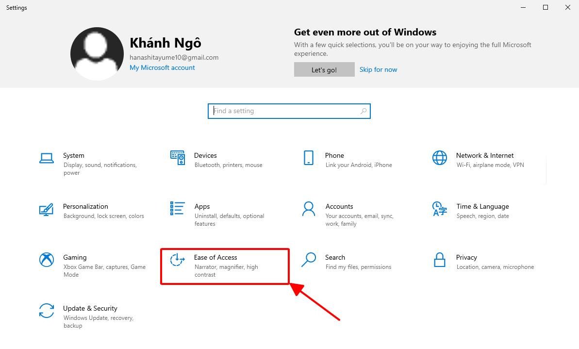 Chọn mục Ease of Access trong cửa sổ Settings