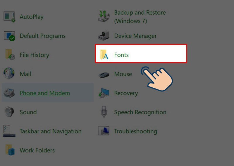 Chọn mục "Fonts" trong cửa sổ Control Panel để quản lý các phông chữ
