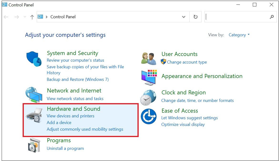 Chọn mục Hardware and Sound trong Control Panel để cấu hình tốc độ chuột.
