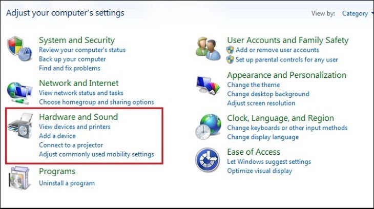 Chọn mục Hardware and Sound trong Control Panel