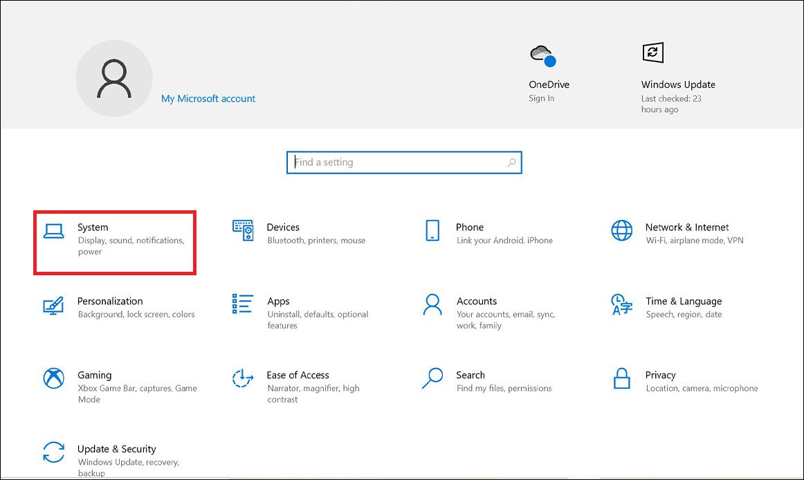 Chọn mục Hệ thống trong cài đặt Windows để chỉnh độ sáng màn hình