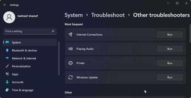 Chọn mục Other troubleshooters trong cài đặt Windows 11 để khắc phục lỗi mạng