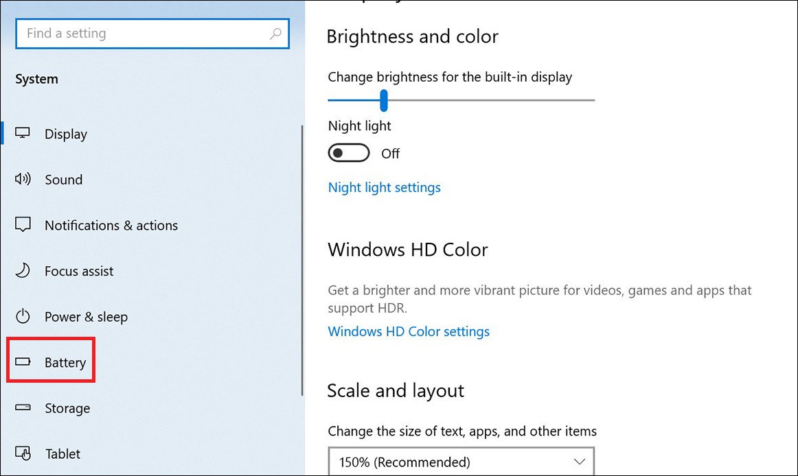 Chọn mục Pin (Battery) trong cài đặt Windows