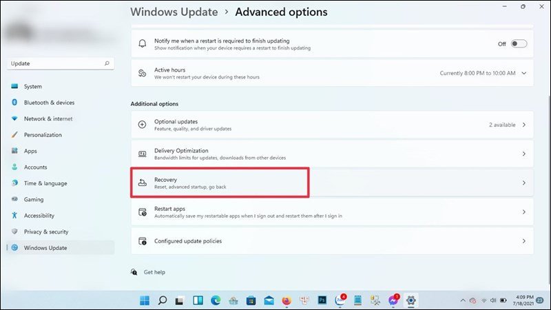 Chọn mục Recovery và Reset PC để khôi phục cài đặt gốc laptop Asus Win 11