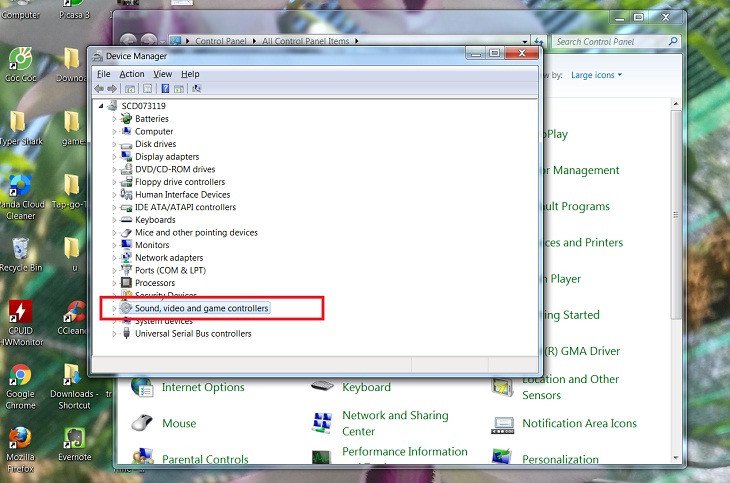 Chọn mục Sound, video and game controllers trong Device Manager