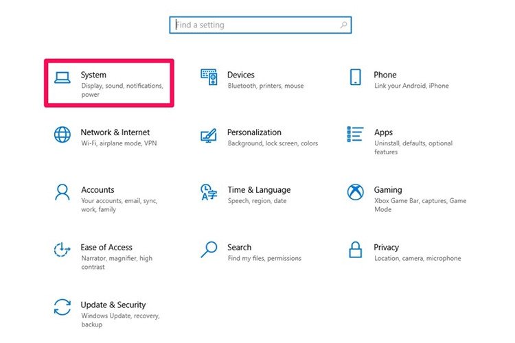 Chọn mục System trong cài đặt Windows 10