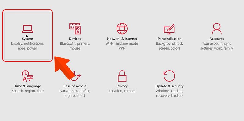 Chọn mục System trong cài đặt Windows