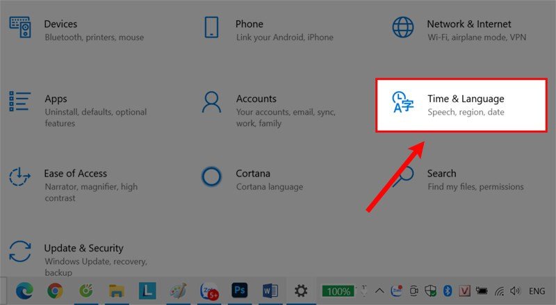 Chọn mục Thời gian và Ngôn ngữ để quản lý cài đặt ngôn ngữ trên laptop