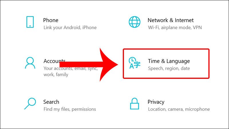 Chọn mục Time &amp; Language trong cài đặt Windows để chuyển ngôn ngữ