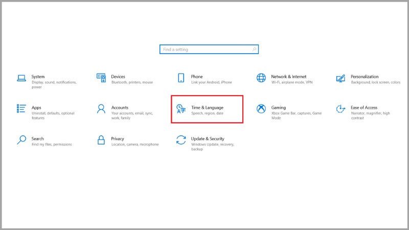 Chọn mục Time &amp; Language trong Settings để khắc phục lỗi gõ chữ trên laptop bị sai ký tự